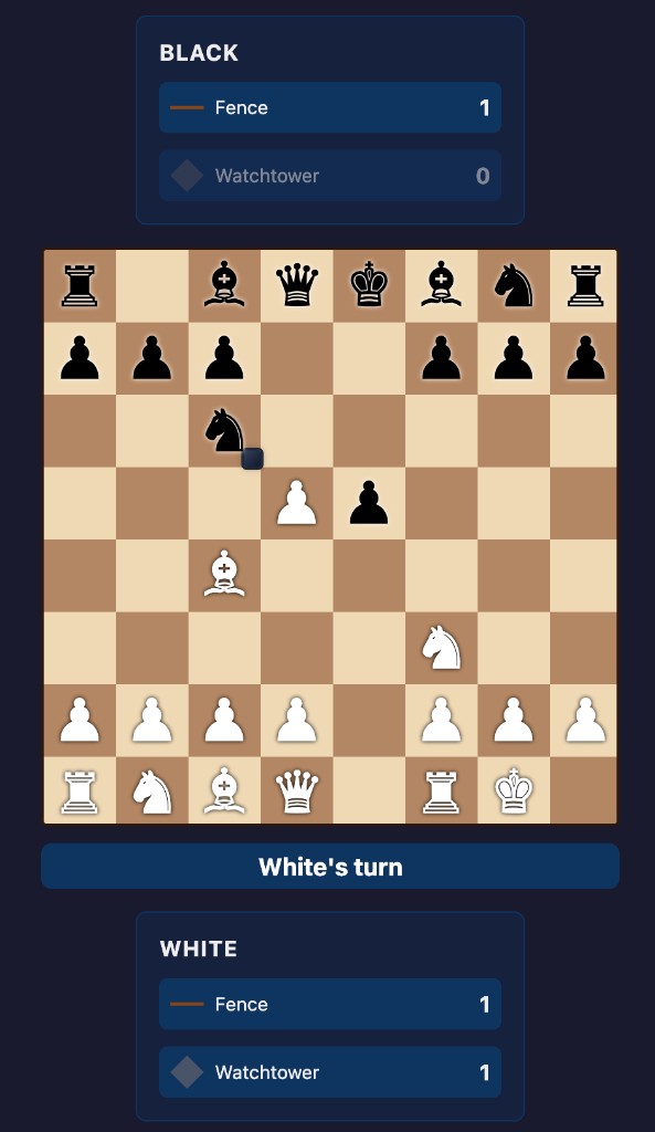 White pawn on d5; Black watchtower blocks diagonal relation to knight